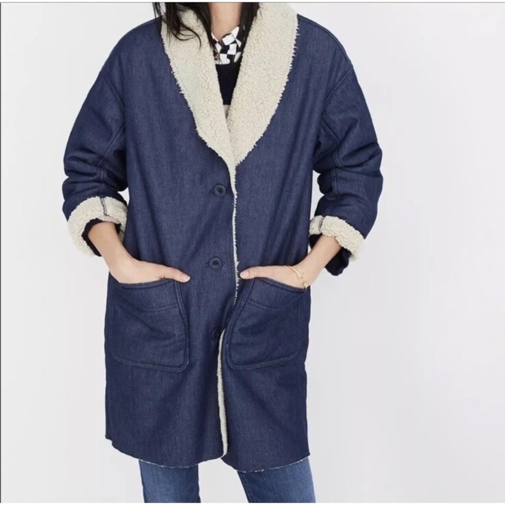 Madewell Cocoon Denim Sherpa Lined Coat Jacket L Blue Cotton Button‎ Front NWOT